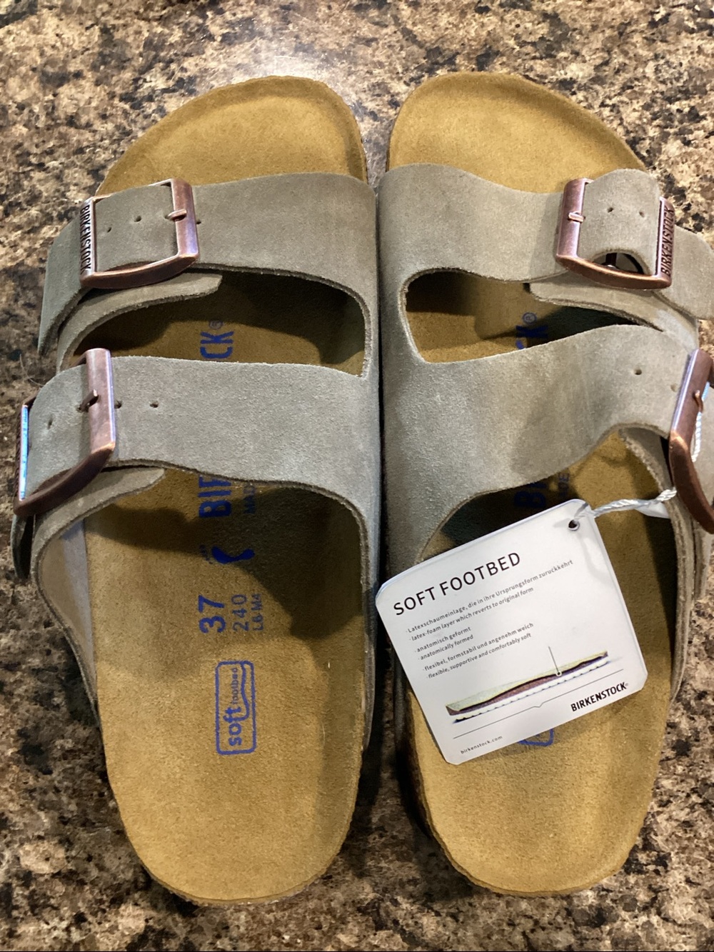 Birkenstock Two-Strap Suede Sandals in taupe with Copper Buckles